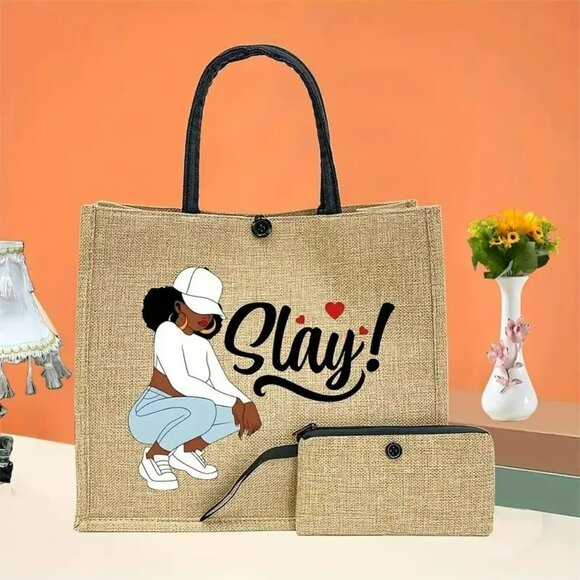 "Slay" Tote Bag with Inner Pocket & Zipper Clutch (SKU 0315) - Picture 3 of 6